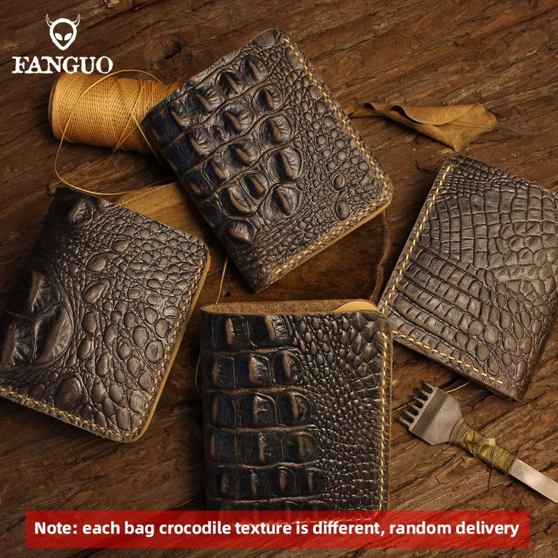 Retro Men's Alligator Pattern Wallet Handmade Genuine Leather Short Wallet With 6 Card Slots Fold Crocodile Design Male Purse