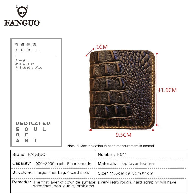Retro Men's Alligator Pattern Wallet Handmade Genuine Leather Short Wallet With 6 Card Slots Fold Crocodile Design Male Purse