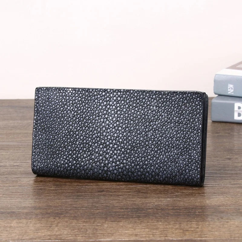 Authentic Stingray Skin Printed Pattern Classic Men's Long Wallet Card Holders Genuine Leather Male Black Stingray Bifold Wallet
