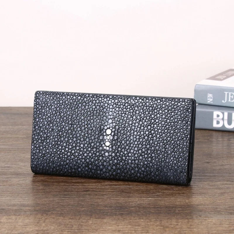 Authentic Stingray Skin Printed Pattern Classic Men's Long Wallet Card Holders Genuine Leather Male Black Stingray Bifold Wallet