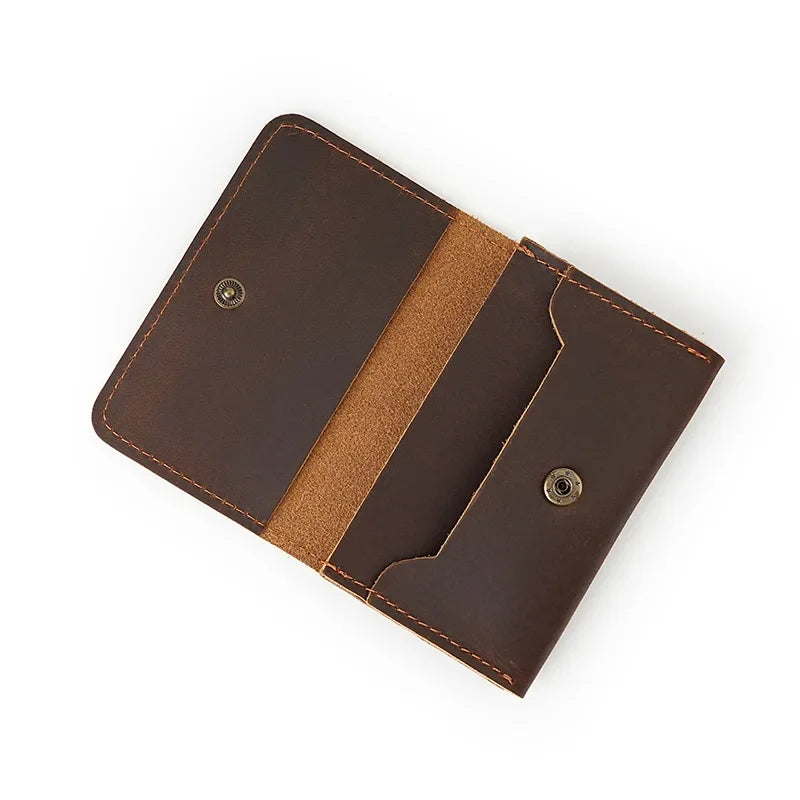 Crazy Horse Leather Card Holder Top-Grain Cowhide Snap - Button Genuine Leather Multi-function Wallet RFID Credit Card Case