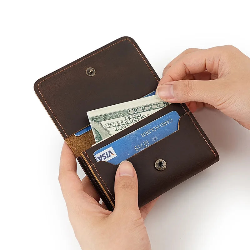 Crazy Horse Leather Card Holder Top-Grain Cowhide Snap - Button Genuine Leather Multi-function Wallet RFID Credit Card Case