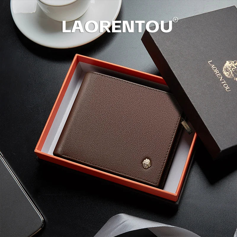 LAORENTOU Genuine Cow Leather Men’s Short Wallet Casual Business Male Card Holder Multifunction Purse Standard Money Bag For Men